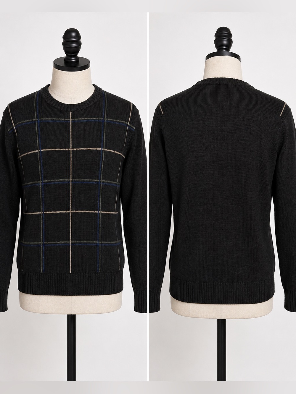 Oscar de la Renta Black Crewneck Sweater with Windowpane Grid